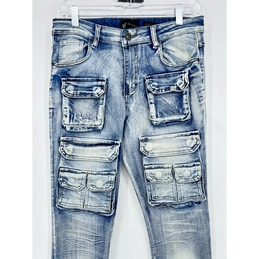 WAIMEA Boys Stacked Fit Cargo Jeans-‎ Size 18 Vintage Wash